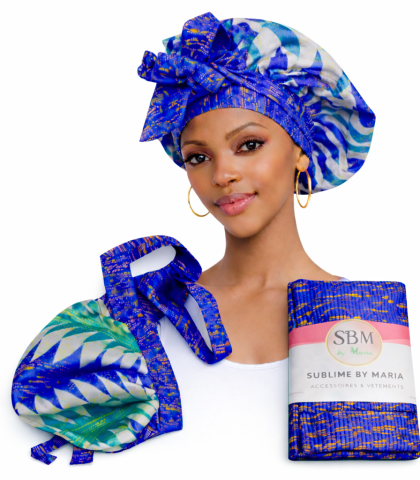 Bonnet foulard Ayana bleu roi turquoise en page wax – SBM by Maria