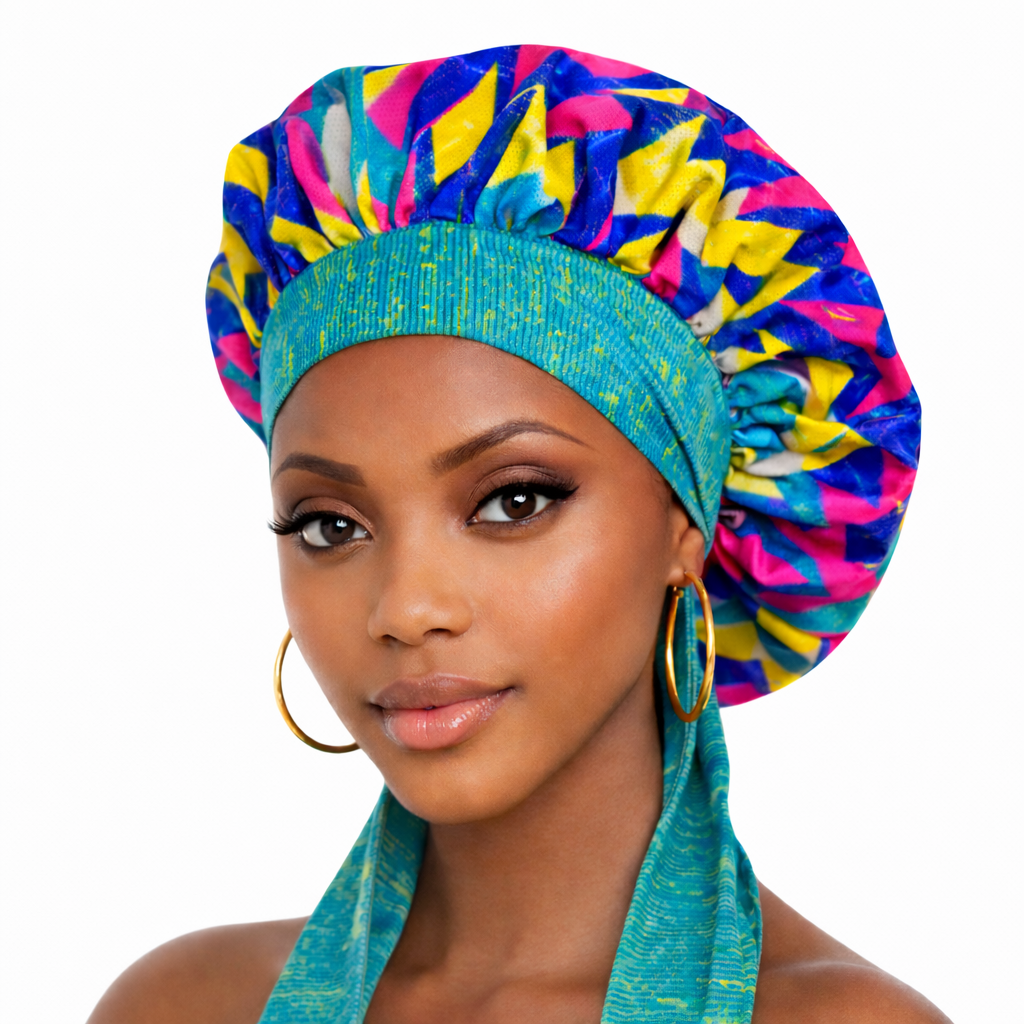 Bonnet foulard Ayana en tissu wax jaune soleil multicolore avec bande ajustable – SBM by Maria