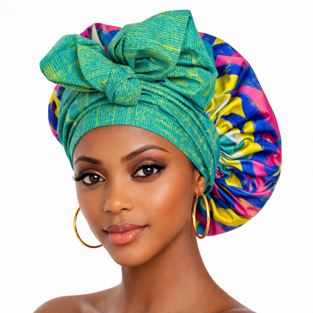 Bonnet foulard Ayana en tissu wax jaune soleil multicolore avec bande ajustable – SBM by Maria
