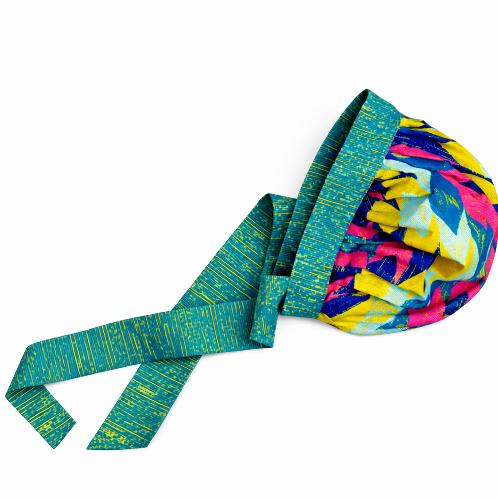 Bonnet foulard Ayana en tissu wax jaune soleil multicolore avec bande ajustable – SBM by Maria