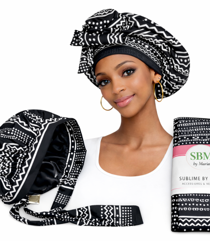 Bonnet foulard Ayana noir et blanc en tissu africain wax – SBM by Maria