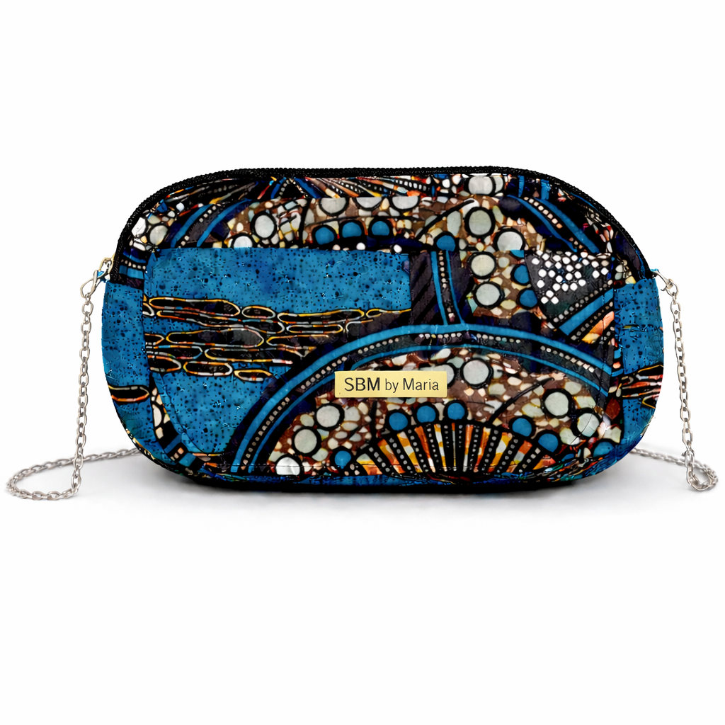 Pochette bandoulière Sira en imprimé africain bleu canard et turquoise – SBM by Maria