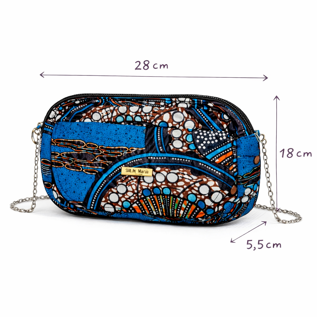 Pochette bandoulière Sira en imprimé africain bleu canard et turquoise – SBM by Maria