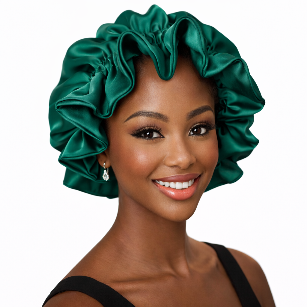 Ensemble Kenza – bonnet élastique & pochette en satin vert – SBM by Maria