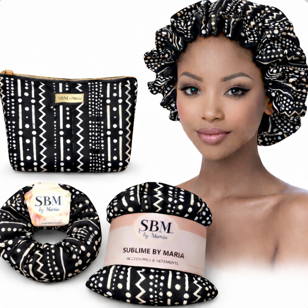 ensemble-kenza-bonnet-elastique-pochette-wax-noir-blanc-motif-graphique-sbm-by-maria-10 Ensemble Kenza bonnet élastique, pochette et chouchou en pagne wax noir et blanc motif graphique – SBM by Maria