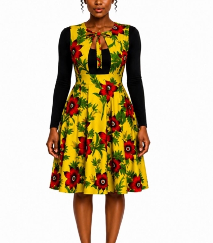 Robe Feuille d&rsquo;Or avec Nœud – Élégance Africaine & Féminité